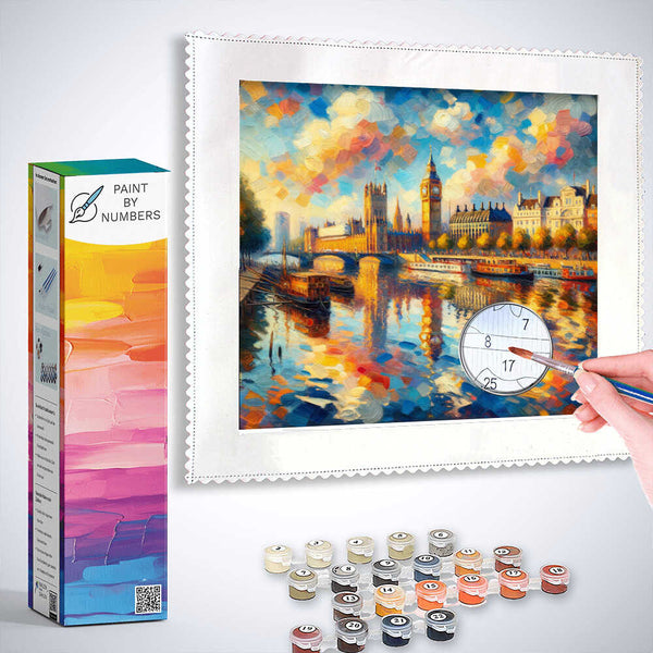 Paint by Numbers kit featuring an evening scenery of London with vibrant skies, Thames River reflections, and iconic buildings.
