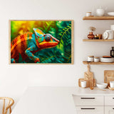 Vibrant chamäleon diamond painting displayed in a stylish kitchen setting