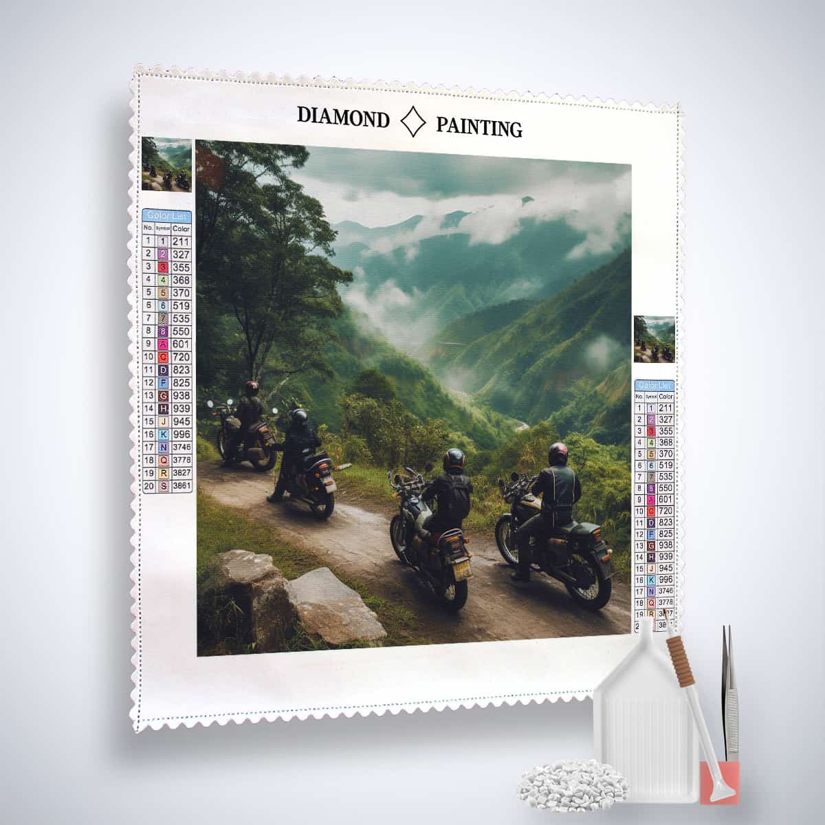 "Diamond Painting Kit - Futuristic Locomotion with tools included, featuring a scenic landscape with motorcyclists."
