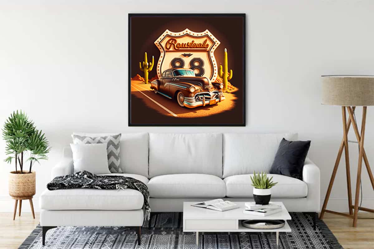 Diamond Painting - Times Past on Route 66 displayed in modern living room with white sofa and decor. Paint by Numbers kit art.