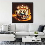 Diamond Painting - Times Past on Route 66 displayed in modern living room with white sofa and decor. Paint by Numbers kit art.