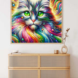 Diamond painting of a colorful cat with green eyes, showcasing vibrant fur in a rainbow palette, perfect for paint by numbers enthusiasts.