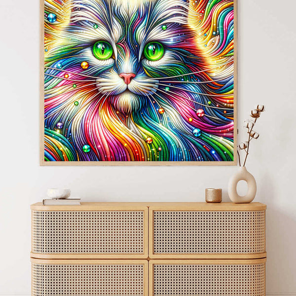 Diamond painting of a colorful cat with green eyes, showcasing vibrant fur in a rainbow palette, perfect for paint by numbers enthusiasts.