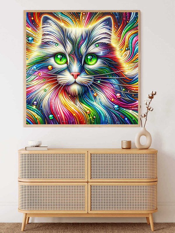 Diamond painting of a colorful cat with green eyes, showcasing vibrant fur in a rainbow palette, perfect for paint by numbers enthusiasts.
