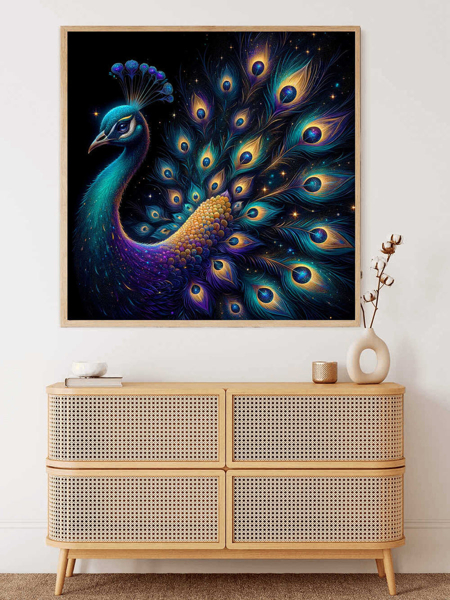 Paint by Numbers - Cosmic Peacock Miracle artwork featuring a vibrant peacock with opulent blue and gold tones in a modern surrealistic style