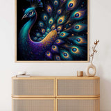 Paint by Numbers - Cosmic Peacock Miracle artwork featuring a vibrant peacock with opulent blue and gold tones in a modern surrealistic style