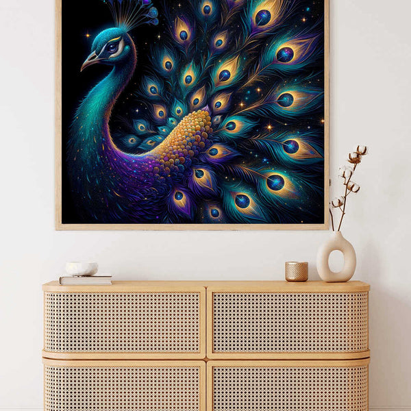 Paint by Numbers - Cosmic Peacock Miracle artwork featuring a vibrant peacock with opulent blue and gold tones in a modern surrealistic style