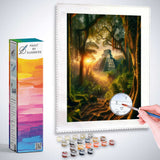 Paint by Numbers kit featuring a Maya Temple scene with paint pots and brush against a mystical forest backdrop.