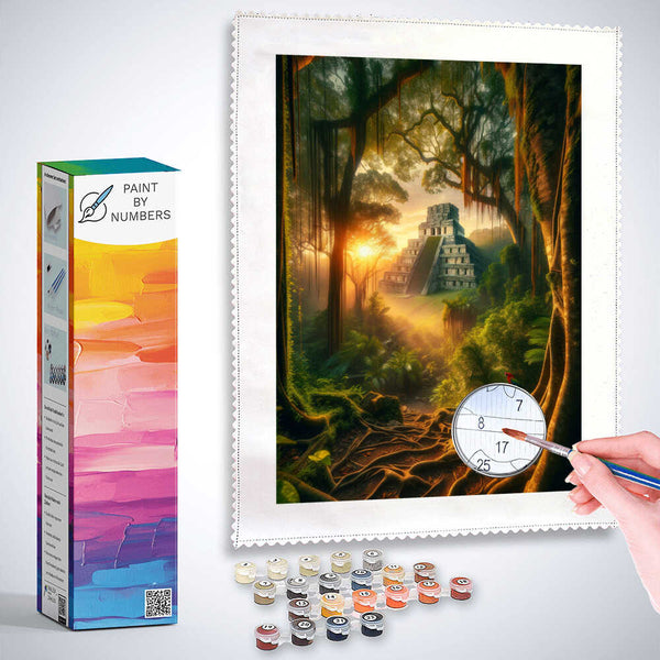 Paint by Numbers kit featuring a Maya Temple scene with paint pots and brush against a mystical forest backdrop.