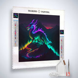 Diamond Painting - Fireborn kit featuring a vibrant dragon design, acrylic diamonds, tweezers, application pen, and tray. Perfect Paint by Numbers craft.
