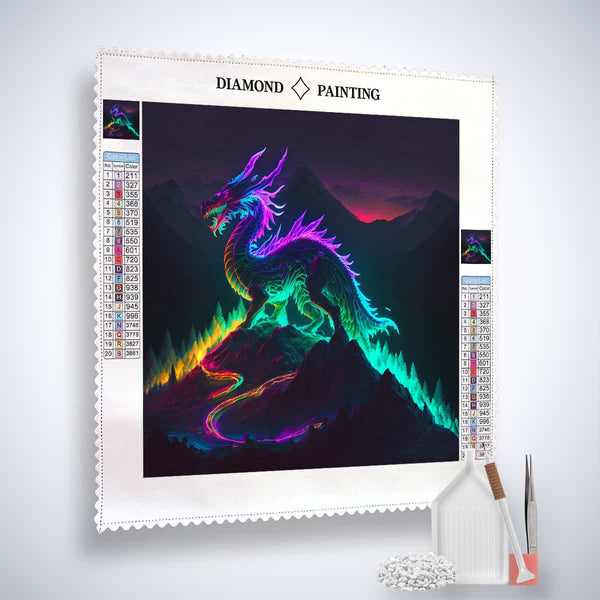 Diamond Painting - Fireborn kit featuring a vibrant dragon design, acrylic diamonds, tweezers, application pen, and tray. Perfect Paint by Numbers craft.