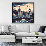 Paint by Numbers - Shadows over Edinburgh artwork displayed in a modern living room with a white couch and monochrome decor