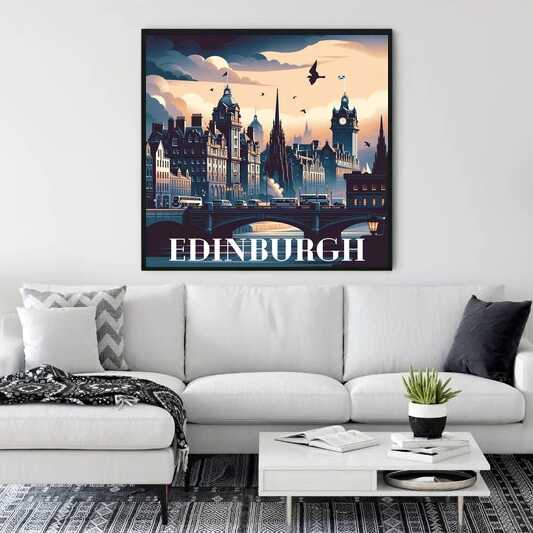 Paint by Numbers - Shadows over Edinburgh artwork displayed in a modern living room with a white couch and monochrome decor