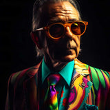 Elderly man in colorful suit and sunglasses posing with confidence.
