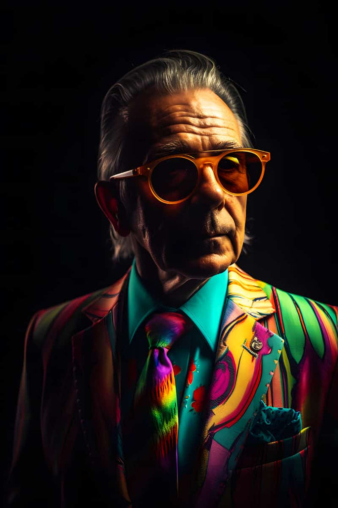 Elderly man in colorful suit and sunglasses posing with confidence.