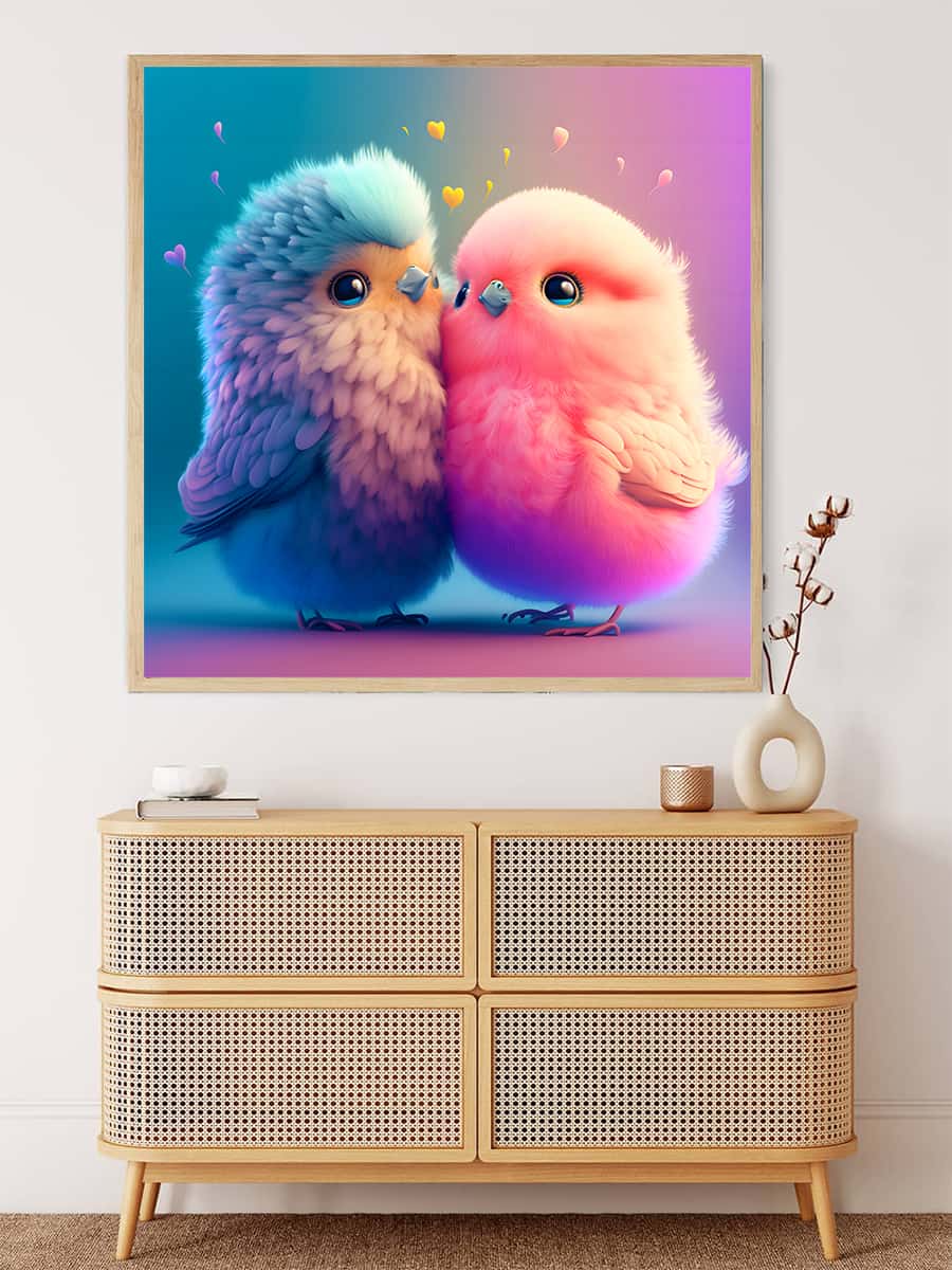 AB Diamond Painting Kit - Vogelliebe zu zweit, Paint by Numbers artwork of two colorful lovebirds on a professional canvas.