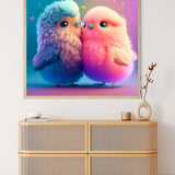 AB Diamond Painting Kit - Vogelliebe zu zweit, Paint by Numbers artwork of two colorful lovebirds on a professional canvas.
