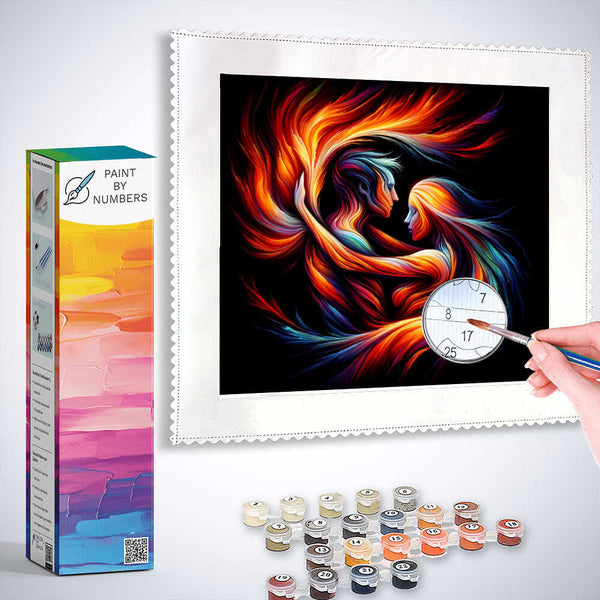 Paint by Numbers kit showcasing "Flame of Connection" painting with fiery tones and cool shades merging to create an abstract masterpiece.