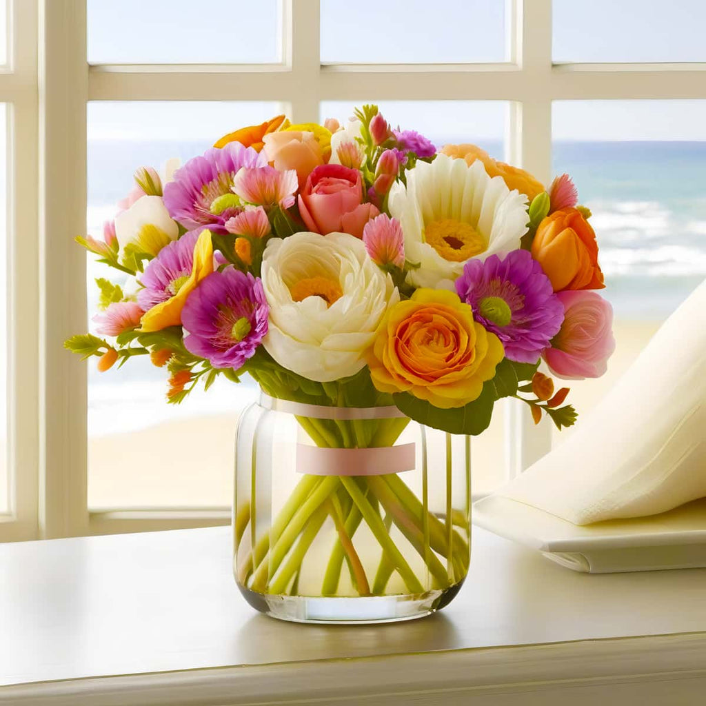 Flower arrangement in vase by the beach, perfect for Paint by Numbers Diamond Painting kits.