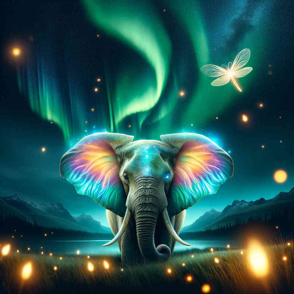 Paint by Numbers - Majestic elephant with colorful ears under Northern Lights, surrounded by fireflies and a mystical dragonfly.