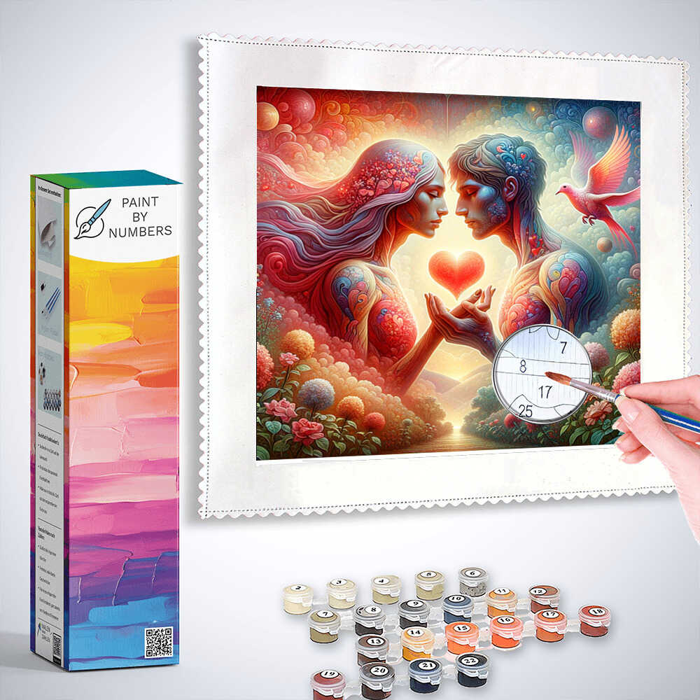 Paint by Numbers kit featuring a romantic surreal scene of two lovers in a vibrant, imaginative Garden of Eden, symbolizing their bond.
