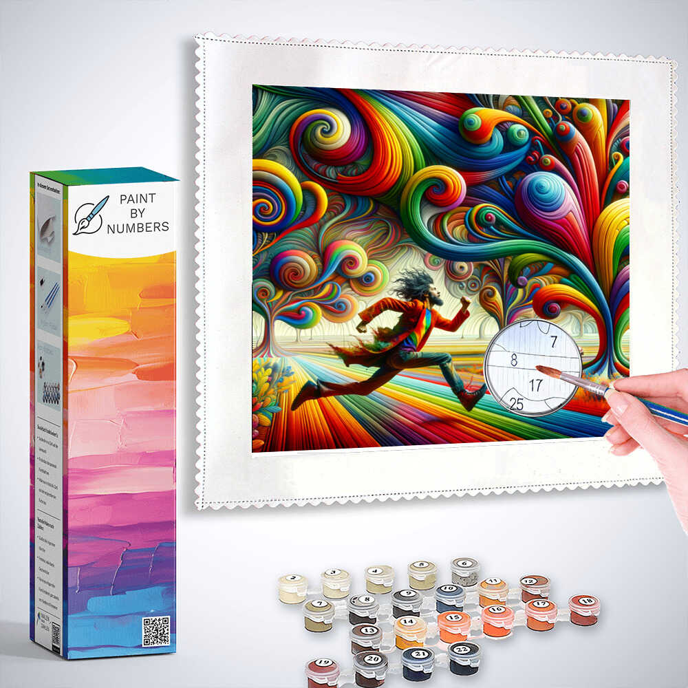 Paint by Numbers kit featuring a vibrant artwork with bright spirals and a running figure in a kaleidoscopic landscape.