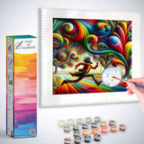 Paint by Numbers kit featuring a vibrant artwork with bright spirals and a running figure in a kaleidoscopic landscape.