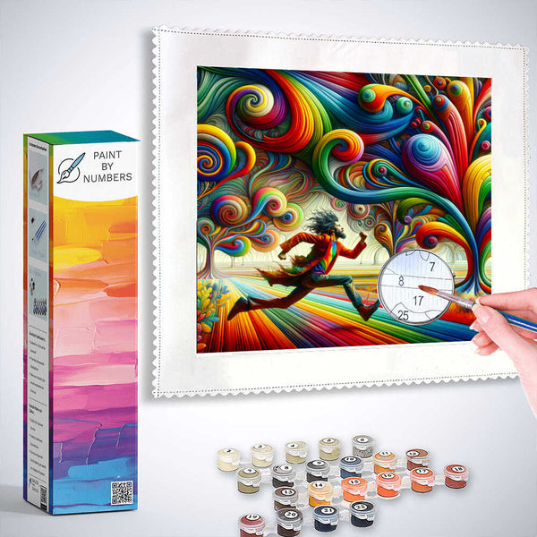 Paint by Numbers kit featuring a vibrant artwork with bright spirals and a running figure in a kaleidoscopic landscape.