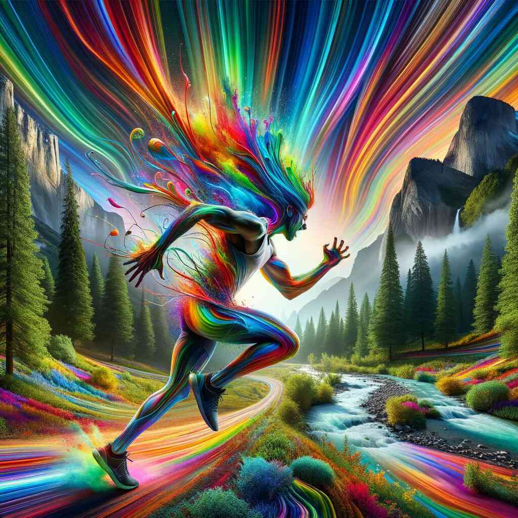 Paint by Numbers - "Color Rush of Movement" featuring a runner amidst vibrant, dynamic colors and rolling mountains in an enchanted backdrop.