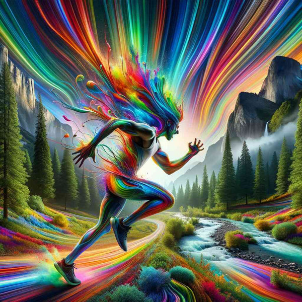 Paint by Numbers - "Color Rush of Movement" featuring a runner amidst vibrant, dynamic colors and rolling mountains in an enchanted backdrop.