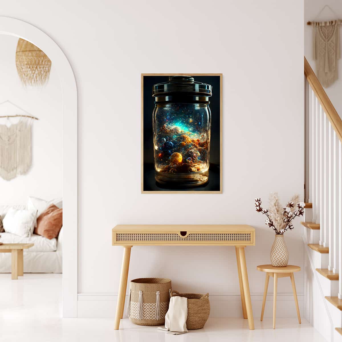 Elegant home interior showcasing AB Diamond Painting "Space in Glass" wall art – Paint by Numbers kit with acrylic diamonds and artist's tools.