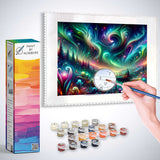 Person painting by numbers, creating a vibrant Cosmic Life Flow artwork with blues, greens, and purples using a Paint by Numbers kit.