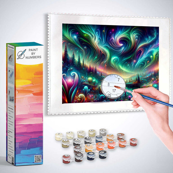 Person painting by numbers, creating a vibrant Cosmic Life Flow artwork with blues, greens, and purples using a Paint by Numbers kit.