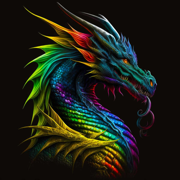 Vibrant rainbow-colored dragon artwork on a black background.