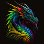 Vibrant rainbow-colored dragon artwork on a black background.
