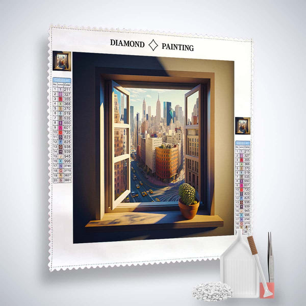 Diamond Painting Kit - Window to the City with Acrylic Diamonds, Fine Artist's Tweezers, and Professional Application Pen for Paint by Numbers