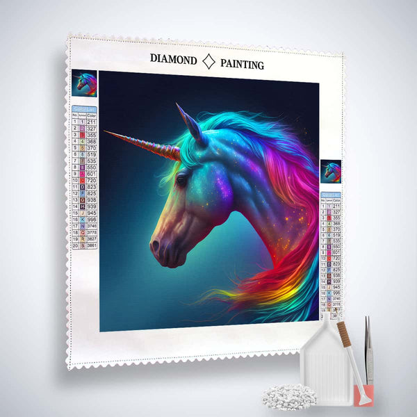 Paint by Numbers kit featuring a magnificent unicorn diamond painting with colorful acrylic diamonds and professional tools