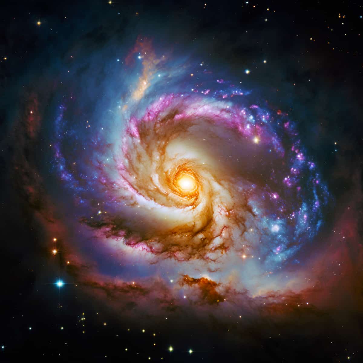 Beautiful swirling galaxy with vibrant colors, resembling a cosmic whirlpool, surrounded by twinkling stars in deep space.