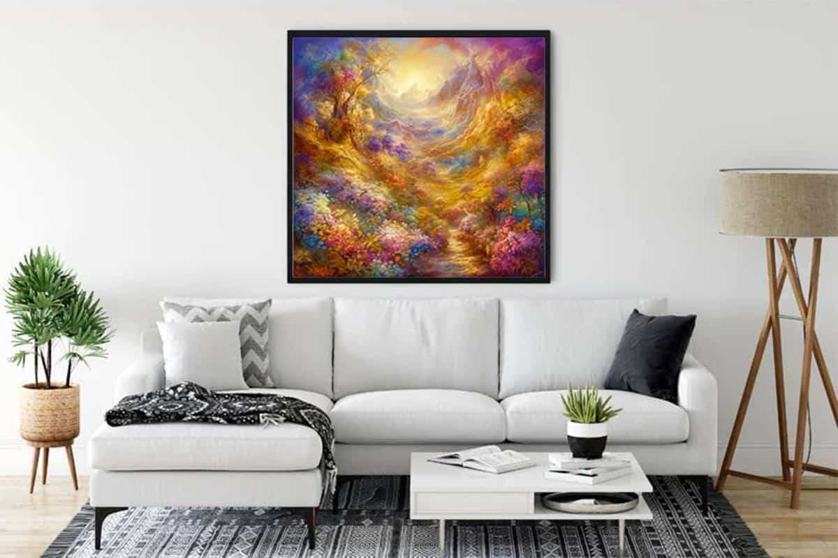Diamond Painting - Walk in the Forest hung above a modern white sofa in a stylish living room, showcasing a vibrant and colorful forest scene.