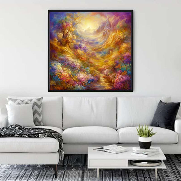 Diamond Painting - Walk in the Forest hung above a modern white sofa in a stylish living room, showcasing a vibrant and colorful forest scene.