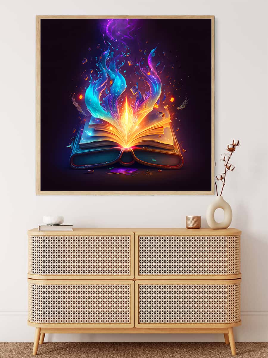 Diamond Painting Kit - Mysterious Book design above modern cabinet, Paint by Numbers art wall decor.