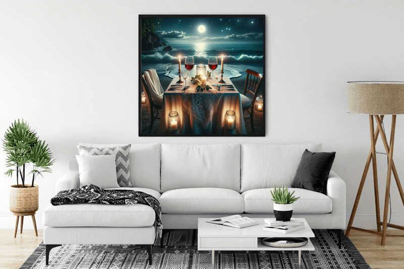 Moonlight Serenade Paint by Numbers painting above white sofa, featuring a Mediterranean beach scene with a candlelit table and starry night sky