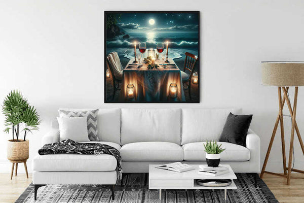 Moonlight Serenade Paint by Numbers painting above white sofa, featuring a Mediterranean beach scene with a candlelit table and starry night sky