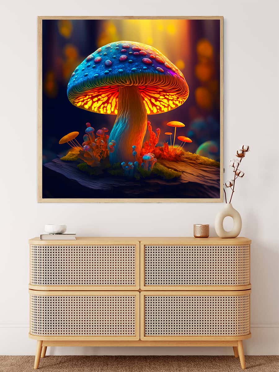 AB Diamond Painting - Glowing Mushroom displayed above wooden cabinet, vibrant and sparkling art showcasing paint by numbers technique.