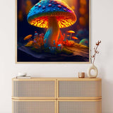 AB Diamond Painting - Glowing Mushroom displayed above wooden cabinet, vibrant and sparkling art showcasing paint by numbers technique.