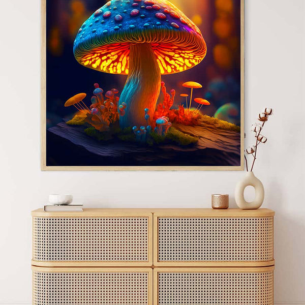 AB Diamond Painting - Glowing Mushroom displayed above wooden cabinet, vibrant and sparkling art showcasing paint by numbers technique.