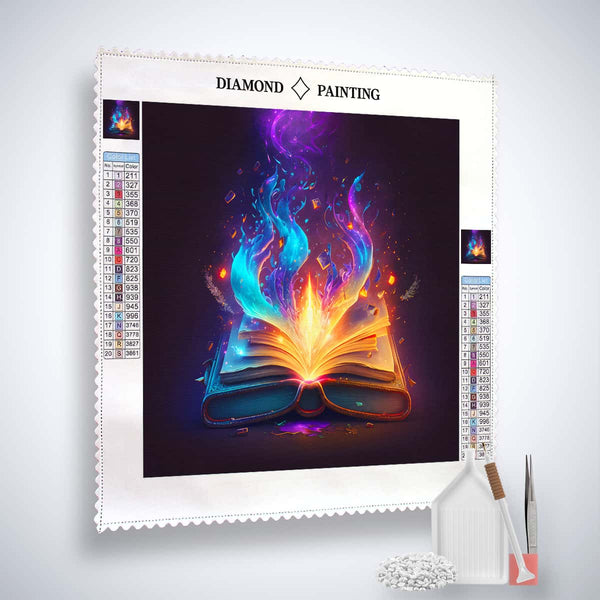 Diamond Painting Kit featuring a mysterious book design with vibrant flames, inclusion of professional canvas, acrylic diamonds, and tools.