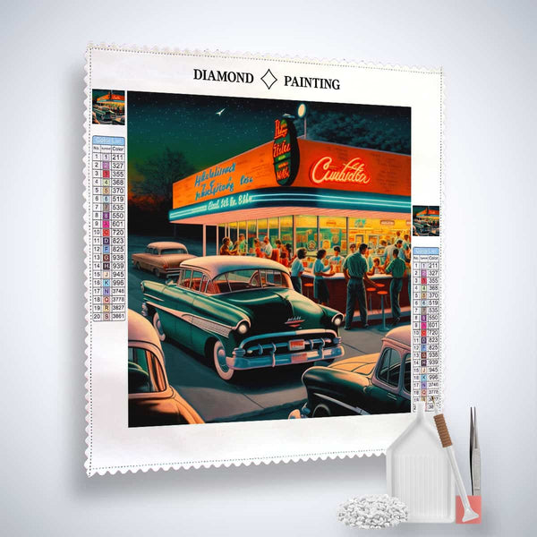 Diamond Painting Kit of vintage gas station with chrome cars, paint by numbers canvas, acrylic diamonds, tweezers, and application pen.