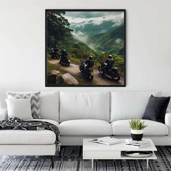 Motorcycle wall art featuring scenic mountain ride displayed in modern living room