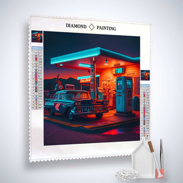 Diamond Painting Kit with 50s Gas Station Romance Design - Paint by Numbers Artwork Set with Acrylic Diamonds and Application Tools